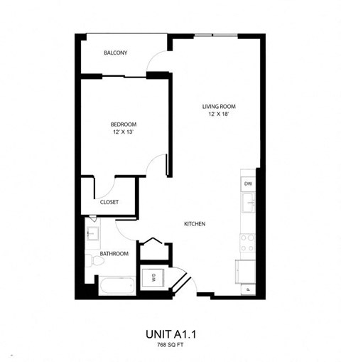 Floor plan for 1 bed, 1 bath, 768 sqft